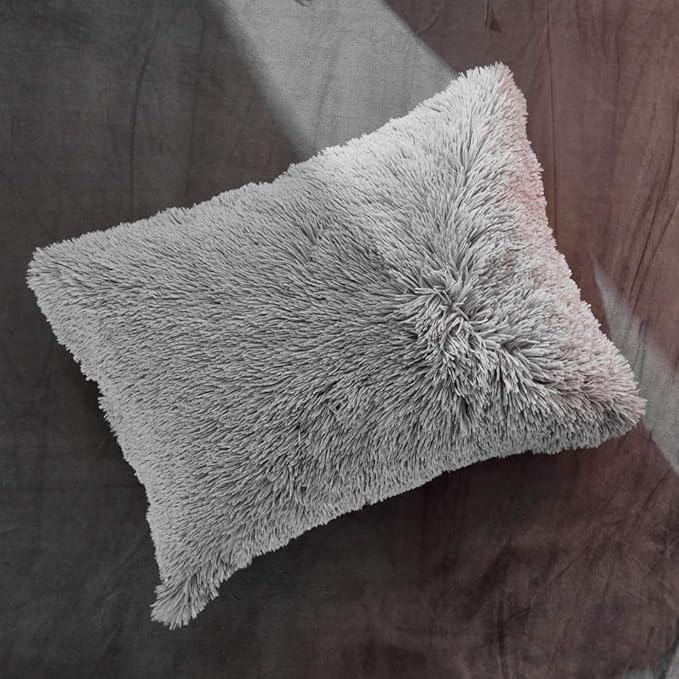 Flysheep Luxury Faux Fur Full/Queen Size Winter Comforter Set Shaggy Velvet Gray Long Hair, 3 Pieces Plush Flannel Sherpa Backing Reversible Soft Microfiber Super Warm Bedding Set for Holiday