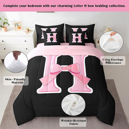 jejeloiu Kids Girls Black Pink Bow Comforter Set with Sheets Twin Size Monogrammed 7 Piece Bedding Set Personalized Initial H Bed in a Bag with Comforter,Sheets,Pillowcases Modern Fashion Bed Set