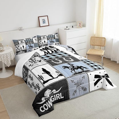 Western Cowgirl Girly Comforter Set Twin Size,Cactus Horseshoe Cow Skull Bow Bedding Set,Girls Women Room Decor,Cowgirl Boot Geometric Plaids Down Comforter,Blue Rustic Duvet Insert,1 Pillowcase