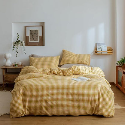 mixinni Yellow Gingham Comforter Set Twin XL, Plaid Comforter Set 3 Pieces 1 Yellow Grid Comfoter with 2 Pillow Cases for All Seasons, Soft Fluffy Modern Grid Pattern Printed Bedding-Twin XL Size