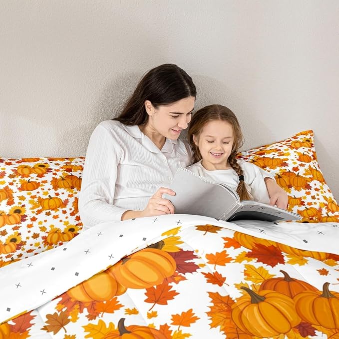 Erosebridal Fall Pumpkin Comforter Set Full Autumn Maple Leaves Bedding Set Thanksgiving Harvest Season Decor Comforter for Home,Rustic Farmhouse Sunflower Quilt Duvet Set 2 Pillow Cases Orange White