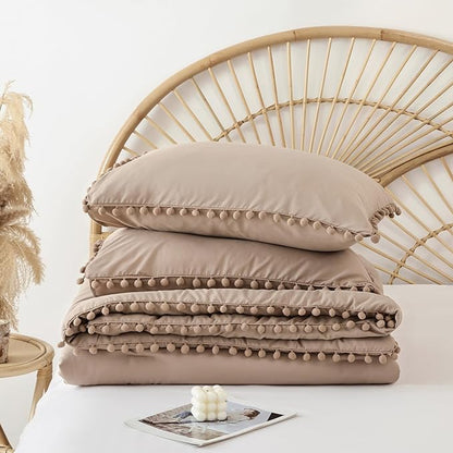 YIRDDEO King Size Comforter Set - King Size Comforter with Ball Pom Fringe, Soft King Bedding Set for All Seasons - 3 Pieces, 1 Comforter (104"x90"inches) & 2 Pillow Shams(20"x36"), Taupe