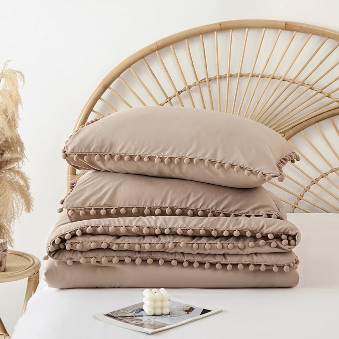 YIRDDEO Twin Comforter Set - Comforter Twin Size Bed with Ball Pom Fringe, Soft Bedding Set for All Seasons - 2 Pieces, 1 Comforter (66"x90") & 1 Pillow Sham(20"x26"), Taupe