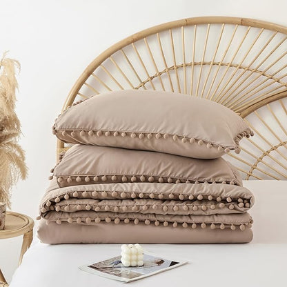 YIRDDEO Full Size Comforter Sets - Full Size Comforter with Ball Pom Fringe, Soft Bedding Set for All Seasons - 3 Pieces, 1 Comforter (79"x90") & 2 Pillow Shams(20"x26"), Taupe