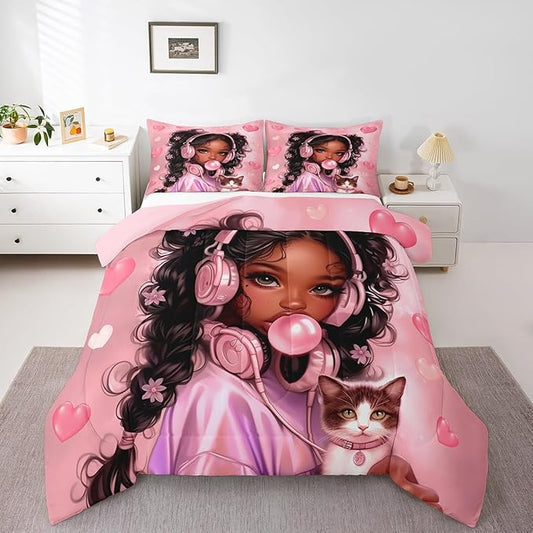 Black Skin Girl Kids Comforter Set King Size,Loce Heart Cute Cat Animal Pet Bedding Set,Girls Women Room Decor,Afro American Theme Princess Down Comforter,Pink Dreamy Duvet Insert,2 Pillowcases
