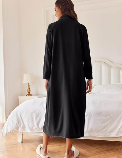 Ekouaer Women Zipper Robe Long Sleeves House Coat Soft Bathrobe Sleepwear with Pockets Housecoat Loungewear