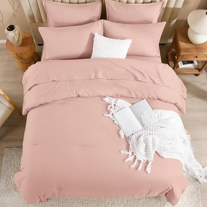 Litanika Comforter Queen Size Set Blush Pink - 7 Pieces Bed in a Bag Queen Bedding Comforter Sets, Plain Lightweight Bed Set with Comforter, Sheets, Pillowcases & Shams