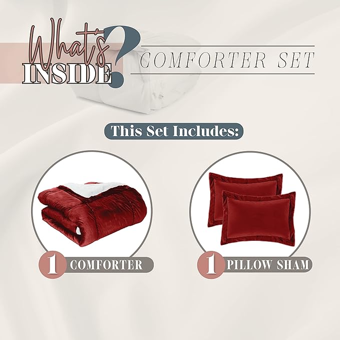 Elegant Comfort Super Soft Sherpa Comforter 2-Piece Set Premium Quality, Heavy Weight Reversible Down Alternative Micro-Suede, Sherpa Comforter, Twin XL, Flaming Burgundy
