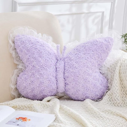 Butterfly Pillow Lavender Decorative Pillows 20" Butterfly Shaped Cute Throw Pillows with Lace Aesthetic Bow Plush Cushion for Room Decor Bed Sofa Couch