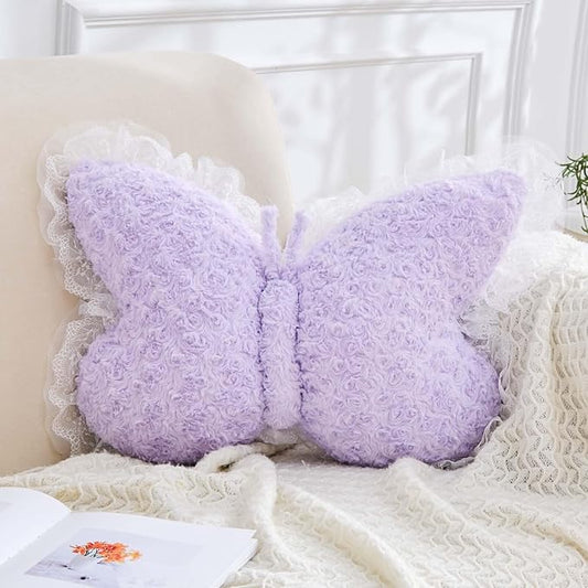Butterfly Pillow Lavender Decorative Pillows 20" Butterfly Shaped Cute Throw Pillows with Lace Aesthetic Bow Plush Cushion for Room Decor Bed Sofa Couch
