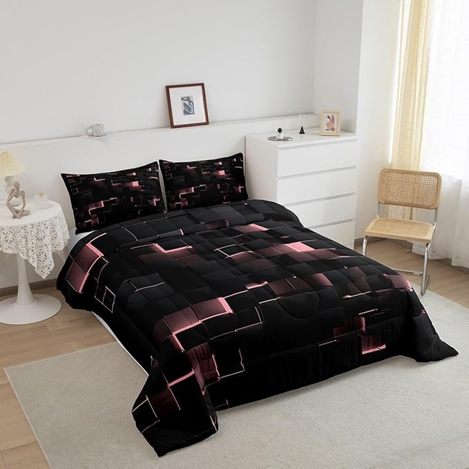 Erosebridal Pink and Black Comforter Set King Neon Geometric Checkered Bedding Set for Kids Girls Teen,Tereoscopic Grids Comforter Square Plaid Quilt Duvet Room Decor 3 Pcs