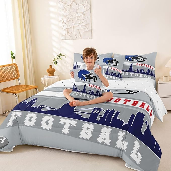 Erosebridal Football 7 Pcs Comforter Set King Football Fans Bedding for Kids Football City Sheet Set Bed in A Bag Grey Blue Rugby Competition Room Decor Sports Ball Game Quilt