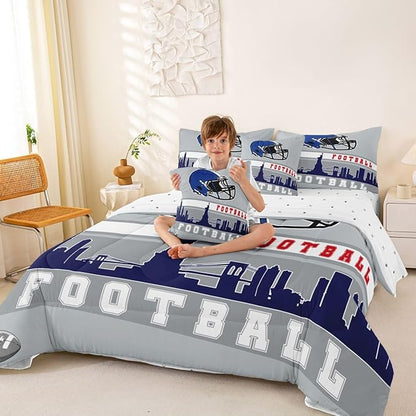 Erosebridal Football 7 Pcs Comforter Set King Football Fans Bedding for Kids Football City Sheet Set Bed in A Bag Grey Blue Rugby Competition Room Decor Sports Ball Game Quilt