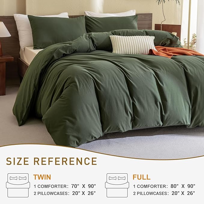 CozyTide Olive Green Comforter Full Size,Cotton Dark Green Full Bedding Set,3 Pieces(1 Comforter and 2 Pillowcases) Lightweight Fluffy Comforter Set Ultra Soft