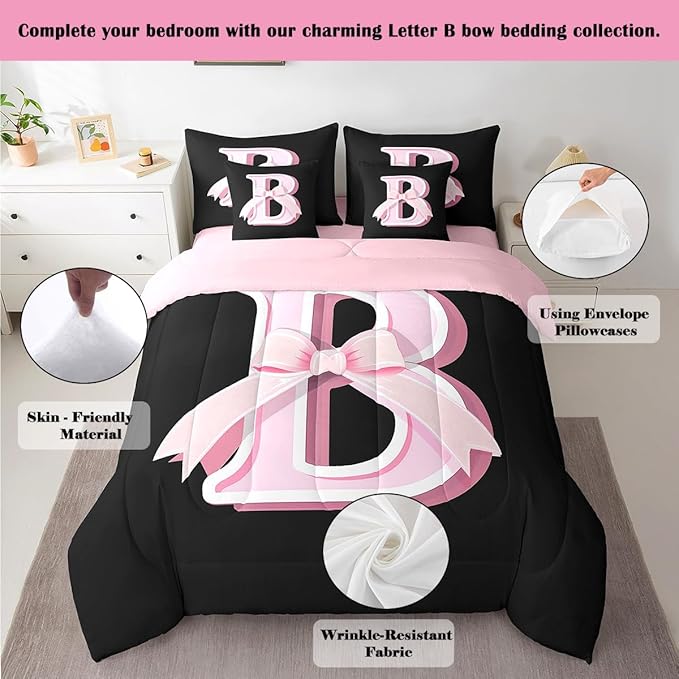 jejeloiu Kids Girls Black Pink Bow Comforter Set with Sheets King Size Monogrammed 7 Piece Bedding Set Personalized Initial B Bed in a Bag with Comforter,Sheets,Pillowcases Modern Fashion Bed Set