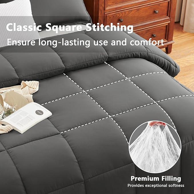 CozyLux King Size Comforter Set - Dark Grey Comforter King Size, 3 Pieces Box Stitched Bed Set for All Seasons, Soft Lightweight Bedding Sets with 1 Down Alternative Comforter and 2 Pillow Shams