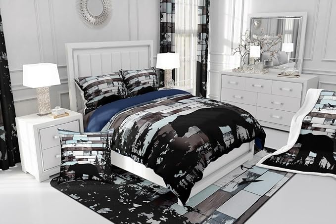 Feelyou Bear Print Bedding Set Wild Animal Comforter Set for Kids Boys Girls Hunting Theme Comforter Pine Trees Retro Quilt Set Bedroom Collection 2Pcs Toddler Size