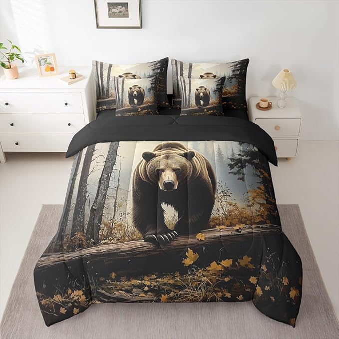 Erosebridal Nature Forest Bear 7- Piece Bedding Set Full Size | Grizzly Brown Bear Comforter Set with Sheets for Kids Teens Adults Woodland Wild Animal Bed in A Bag Country Rustic Farmhouse Bed Sets
