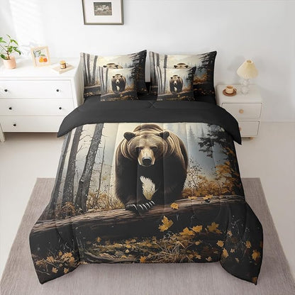 Erosebridal Nature Forest Bear 7- Piece Bedding Set King Size | Grizzly Brown Bear Comforter Set with Sheets for Kids Teens Adults Woodland Wild Animal Bed in A Bag Country Rustic Farmhouse Bed Sets
