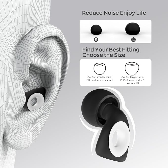 Dison Ear Plugs for Sleeping, Reusable Earplugs for Noise Reduction Silicone Hearing Protection Ear Plugs with 6 Ear Tips Black