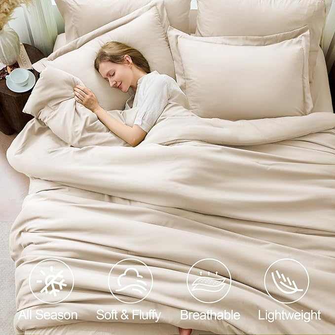 FUANNA Queen Comforter Set Beige, 7 Pieces Soft Bedding Sets Queen Size, All Season Lightweight Bed in a Bag with Comforter, Flat Sheet, Fitted Sheet, Pillowcases & Shams