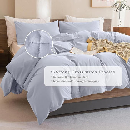 CozyTide King Size Comforter Set,Cotton Light Blue Bedding Comforter Set,3 Pieces (1 Solid Comforter and 2 Pillowcases) Soft Lightweight King Size Bedding Set for All Season