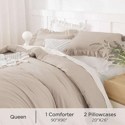 Andency Khaki Queen Comforter Set, 3 Pieces Farmhouse Shabby Chic Bedding Set for Queen Bed, All Season Soft Lightweight Microfiber Bed Set for Men Women