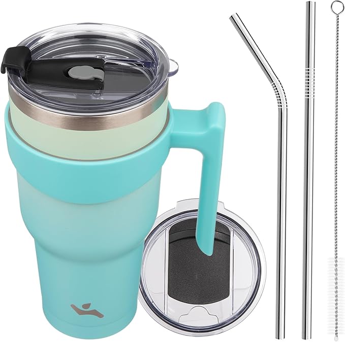 40 oz Tumbler with Handle and 2 Straw 2 Lid, Insulated Water Bottle Stainless Steel Vacuum Cup Reusable Travel Mug, Mint