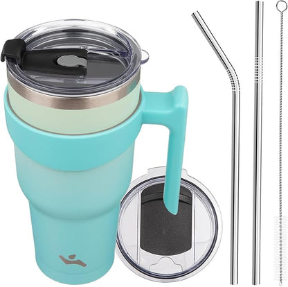40 oz Tumbler with Handle and 2 Straw 2 Lid, Insulated Water Bottle Stainless Steel Vacuum Cup Reusable Travel Mug, Mint