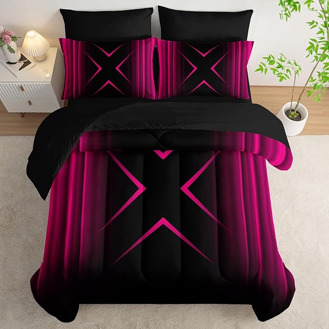 Pink Black Geometric Comforter Set Queen Size 7Pieces,3D Abstract Mordern Printed Bedding Set for Adults,Geometric Mordern Decor All Seasons with Pillowcases,Flat, Fitted Sheet