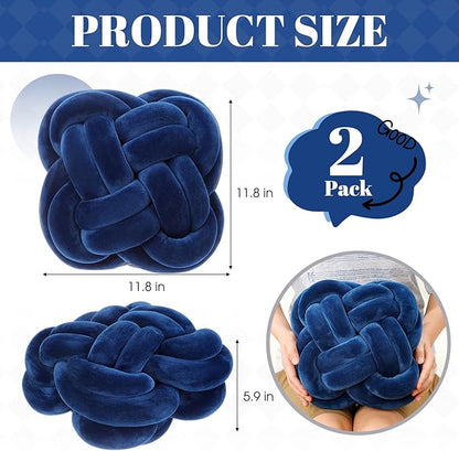 2 Pcs Knot Pillow Balls Set, 12 Inch Soft Decorative Throw Knot Pillow Ball, Large Square Knotted Floor Cushion for Living Room Bedroom Sofa Couch Bed Home Decoration (Navy Blue)
