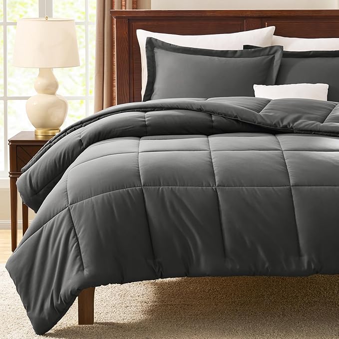 CozyLux Full Size Comforter Sets - Dark Grey Comforter Full Size, 3 Pieces Box Stitched Bed Set for All Seasons, Soft Lightweight Bedding Sets with 1 Down Alternative Comforter and 2 Pillow Shams