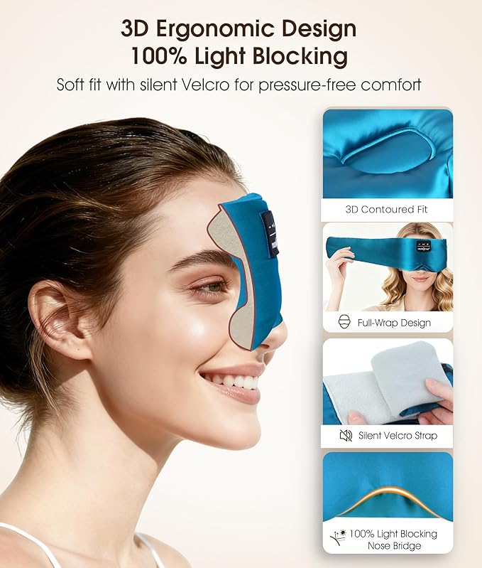MUSICOZY 3D Silk Bluetooth Sleep Mask Headphones, Mulberry Silk Eye Mask with Ultra-Thin Wireless Speakers, Bluetooth 5.4 Sleeping Headphones for Side Sleepers, Music Sleep Mask Gifts for Men Women
