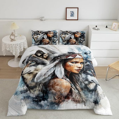 Erosebridal Indian Woman and Wolf King Bedding Set,Hunting Wolf Comforter Set for Men Women Bedroom Decor,Wild Animal Safari Quilt Set Exotic Boho Bedding Comforter Sets,2 Pillowcases