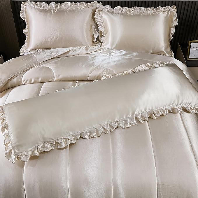 Satin Queen Comforter Set Silk Like Satin Bedding Set Hotel Soft Polyester Beige Bed Set Luxury Silky Pillow Cover with Quilt Set Ruffle Down Comforter Home Decor