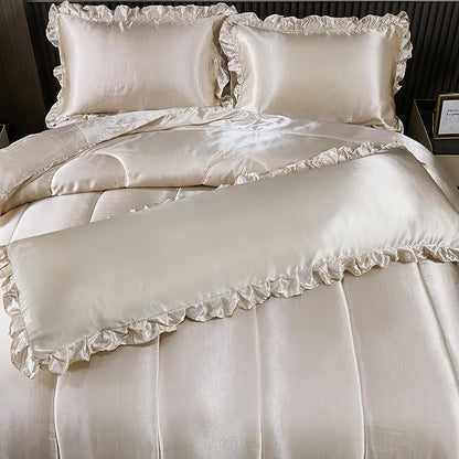Satin King Comforter Set Silk Like Satin Bedding Set Hotel Soft Polyester Beige Bed Set Luxury Silky Pillow Cover with Quilt Set Ruffle Down Comforter Home Decor