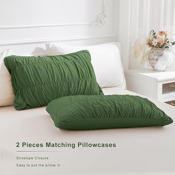 Masaca Oversized King Comforter 128"x120",Olive Green Ruched Shabby Boho Chic Bedding Comforter Set,3 Pieces Soft Lightweight Dark Green Ruffle Farmhouse Bedding Set Extra Large