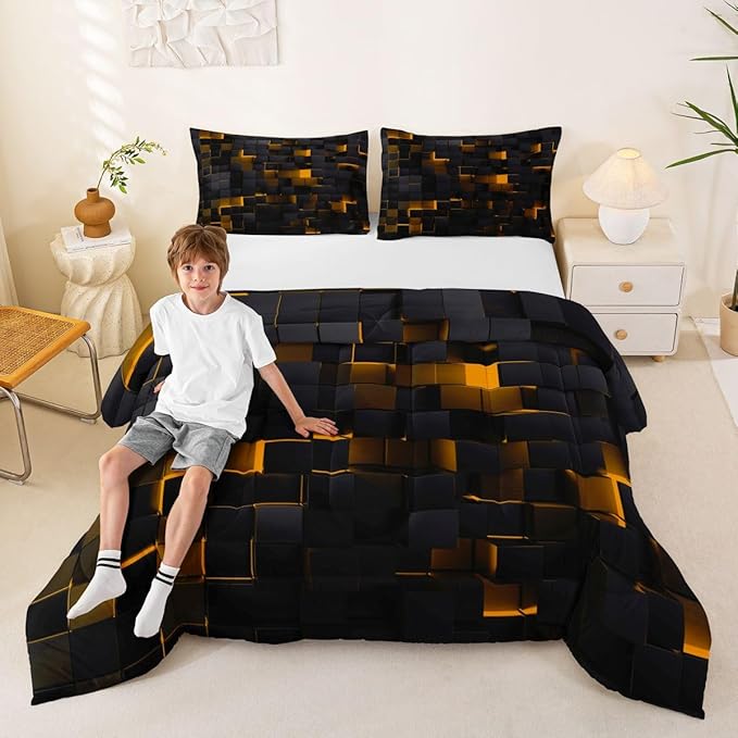 Erosebridal Black and Orange Comforter Set Full Neon Geometric Checkered Bedding Set for Kids Boys Adults Men,Stereoscopic Grid Plaid Comforter Glowing Square Bed Duvet Set 3 Pcs