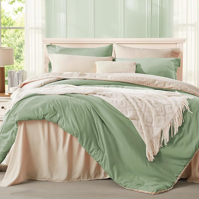 Anluoer Sage and Cream King Comforter Set 7 Pieces, Bed in a Bag with Sheets, All Season Bedding Sets with 1 Comforter, 2 Pillow Shams, 2 Pillowcases, 1 Flat Sheet, 1 Fitted Sheet