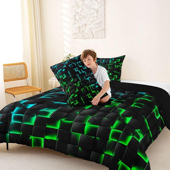 Erosebridal Geometric Checkered Boys Bedding Set Toddler Size Neon Teal Green Comforter Set for Kids Teen Men Gamer Room Decor,Abstract Ombre Plaid Comforter Grids Quilt Duvet Black