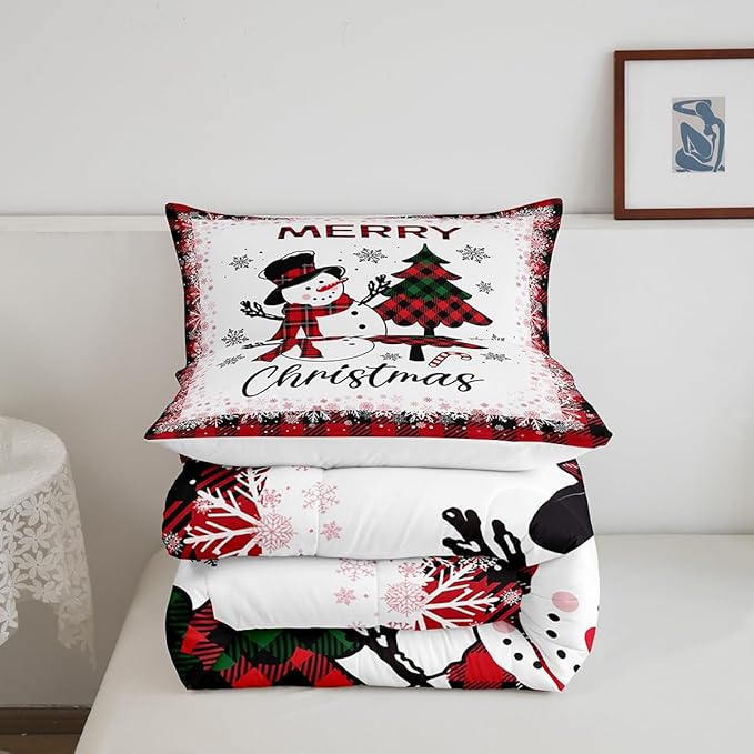 Snowman Christmas Tree Comforter Set Full Size,Geometric Black Red Plaid Quilt Set Winter Snowflake Print Bedding Set for Kids Boys Girls Adult Room Decor Happy New Year Duvet Insert 3Pcs
