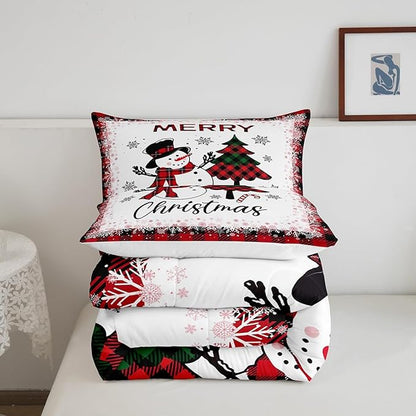 Snowman Christmas Tree Comforter Set Full Size,Geometric Black Red Plaid Quilt Set Winter Snowflake Print Bedding Set for Kids Boys Girls Adult Room Decor Happy New Year Duvet Insert 3Pcs