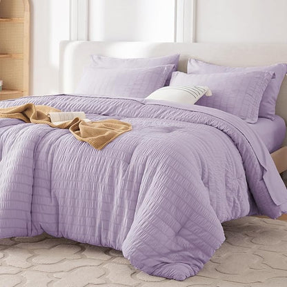 MUXHOMO 7 Pieces California King Comforter Set, Seersucker Bed in a Bag Cal King Size, All Season Luxury Bedding Set with Comforter, Flat Sheet, Fitted Sheet, Pillowcases & Shams, Lavender