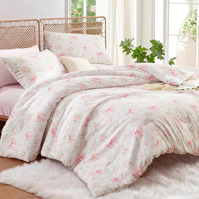 Pink Bow Comforter Set Queen 3Pcs Pink Floral Bedding Set for Girls Kids Cute Romantic Princess Style Bowknot Bedding Ultra Soft Garden Flower Comforter Sets with 2 Pillowcases