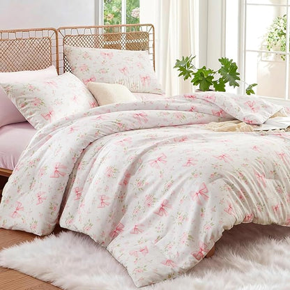 Pink Bow Comforter Set Queen 3Pcs Pink Floral Bedding Set for Girls Kids Cute Romantic Princess Style Bowknot Bedding Ultra Soft Garden Flower Comforter Sets with 2 Pillowcases