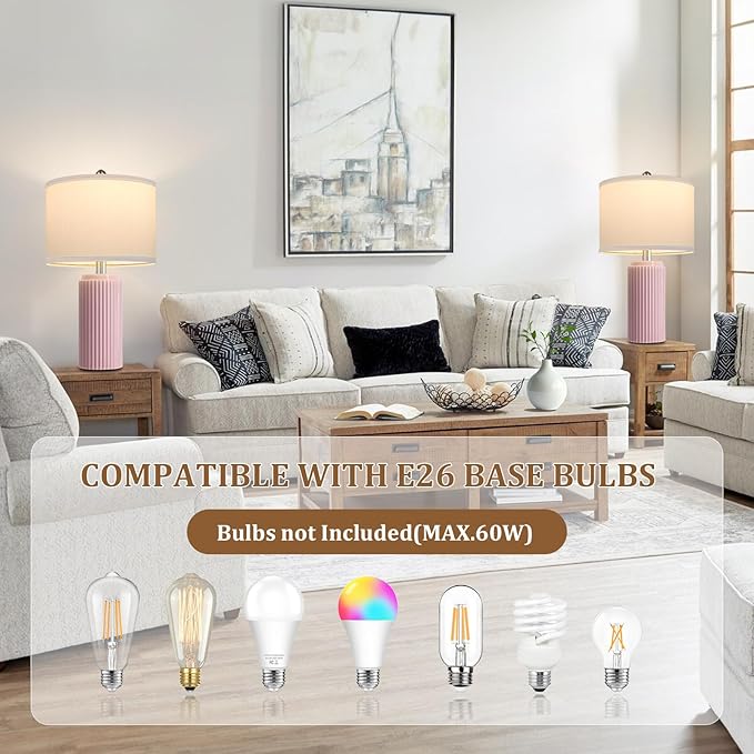 23.5’’ Modern Pink Table Lamps Set of 2 for Living Room, Ceramic Bedside Lamps with White Linen Shade for Girls Room, Rustic Nightstand Lamps for Bedroom Home Office, Cute Lamps for End Table Dorm