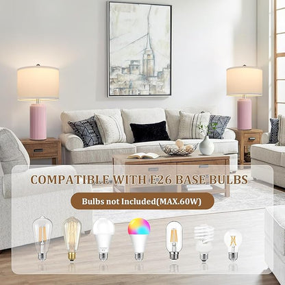 23.5’’ Modern Pink Table Lamps Set of 2 for Living Room, Ceramic Bedside Lamps with White Linen Shade for Girls Room, Rustic Nightstand Lamps for Bedroom Home Office, Cute Lamps for End Table Dorm