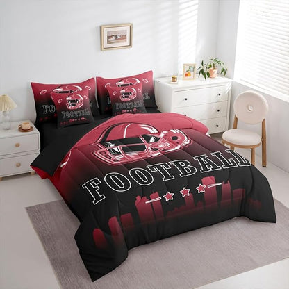 Erosebridal American Soccer Boys Full 7 Piece Bedding Set Football City Comforter Set with Sheets Sports Rugby Bed in A Bag for Kids Teen Adults,Red Black Ball Sports Games Bed Set