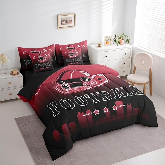 Erosebridal American Soccer Boys King 7 Piece Bedding Set Football City Comforter Set with Sheets Sports Rugby Bed in A Bag for Kids Teen Adults,Red Black Ball Sports Games Bed Set