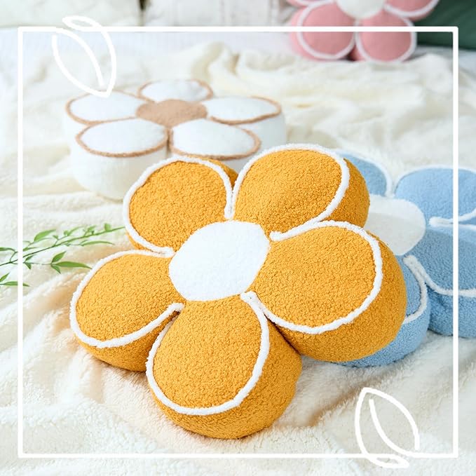 Sioloc Flower Shaped Pillow Daisy Pillows Floor Cushion Pastel Cute Seat Cushions Aesthetic Classroom Dorm Decorative Fun Throw Pillow for Bed,Couch(Yelllow,15.7")